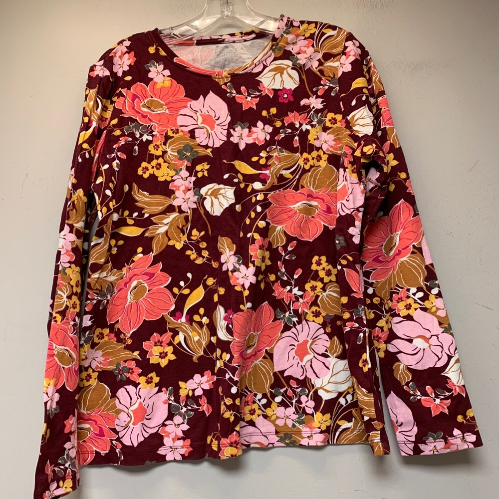 Kim Rogers Perfectly Soft Top Womens M Burgundy Floral Long Sleeve Excellent